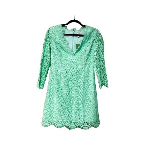NWT LILLY PULITZER Meryl V-Neck Lace Long Sleeve Green Mini Dress Sz 4 - Picture 2 of 5
